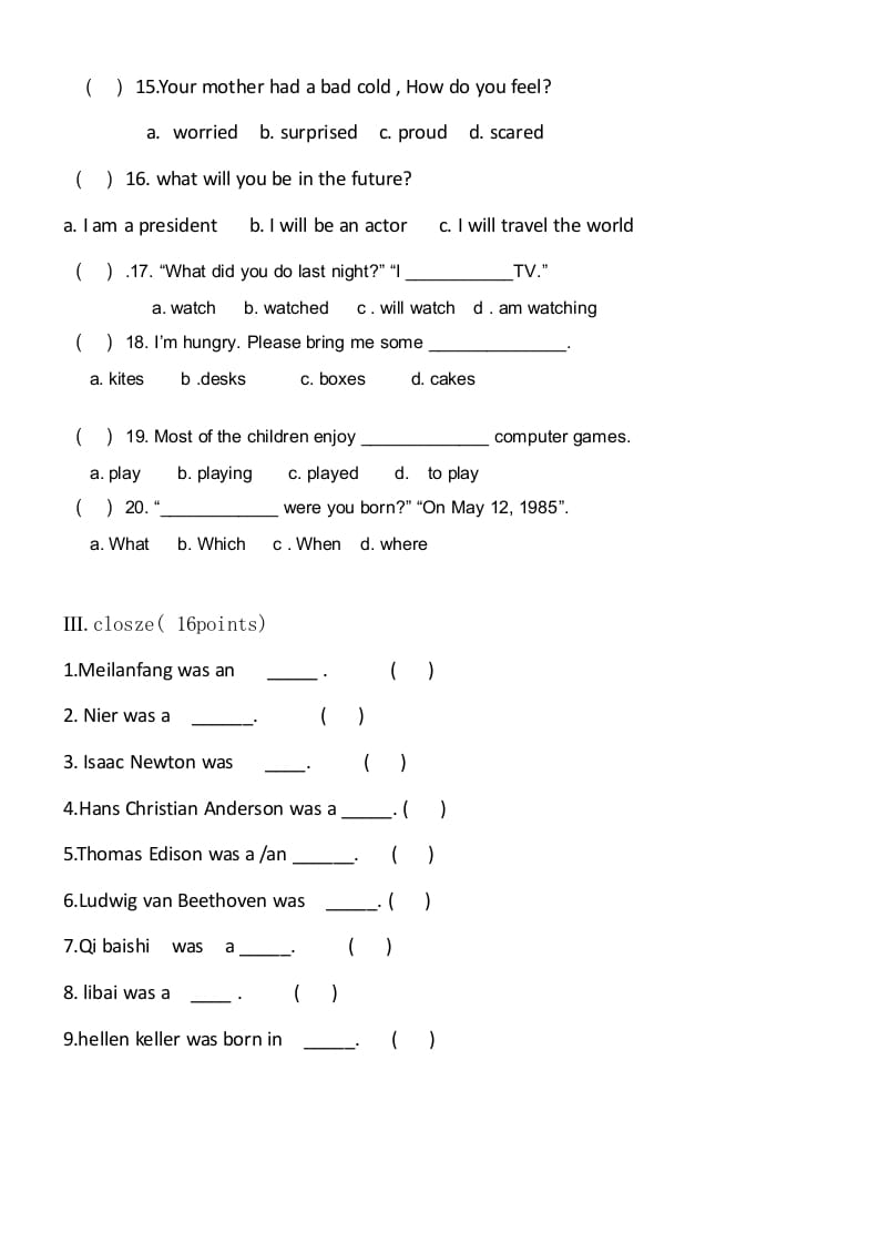 图片[3]-六年级英语上册期末试卷4（人教版一起点）-小哥网