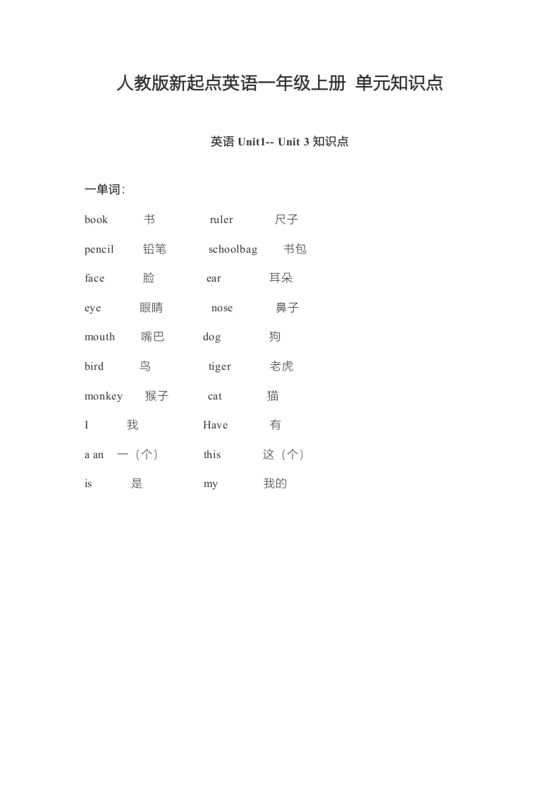 一年级英语上册单元知识点（人教一起点）-小哥网