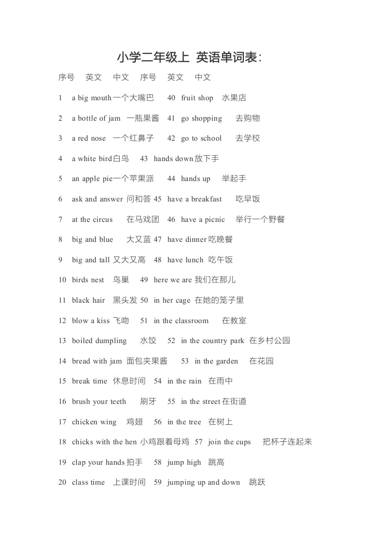 二年级英语上册单词表（人教版一起点）-小哥网