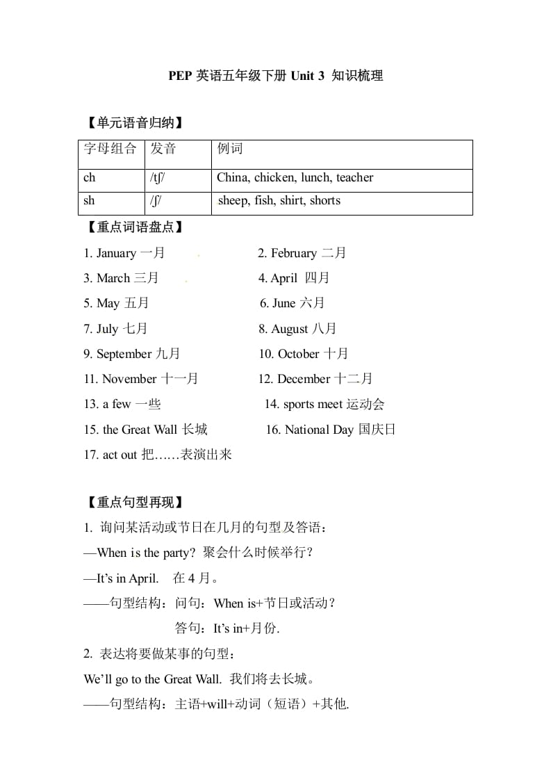五年级数学下册英语单元知识梳理-Unit3Myschoolcalendar人教PEP-小哥网