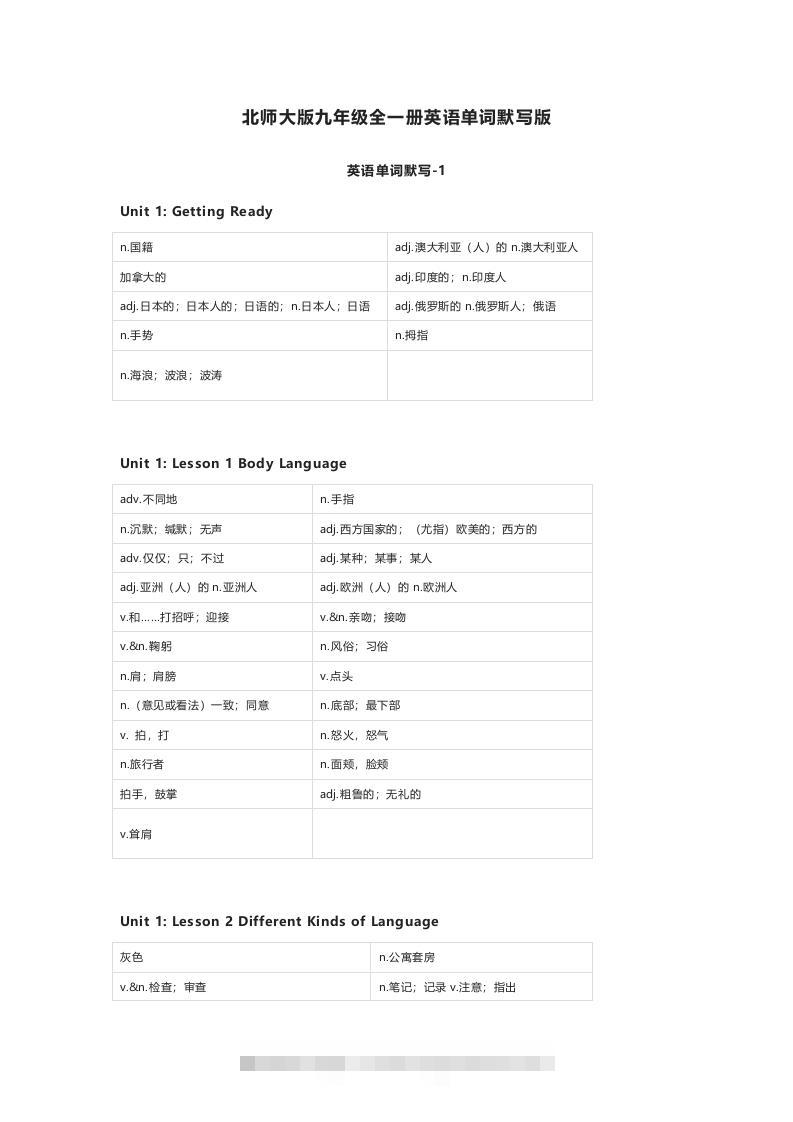 北师大版九年级上册英语单词默写表-资源V站