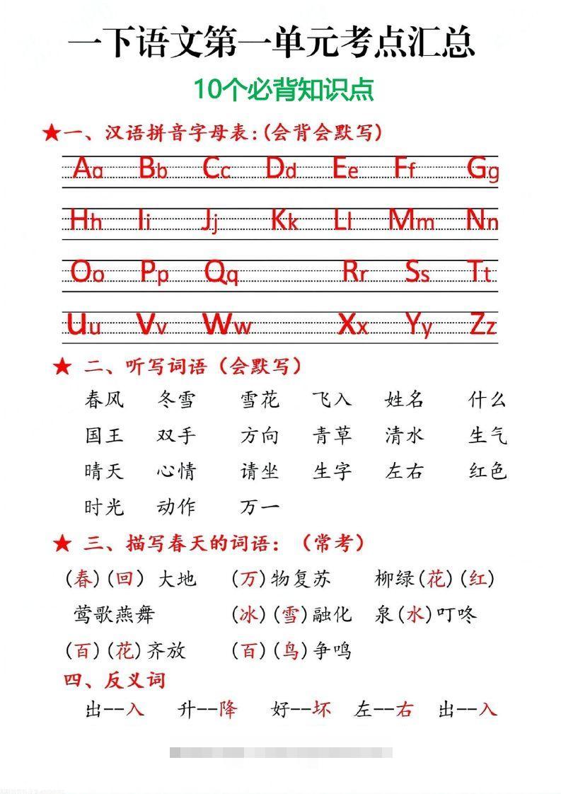 一下语文第一单元10个必备知识点-小哥网