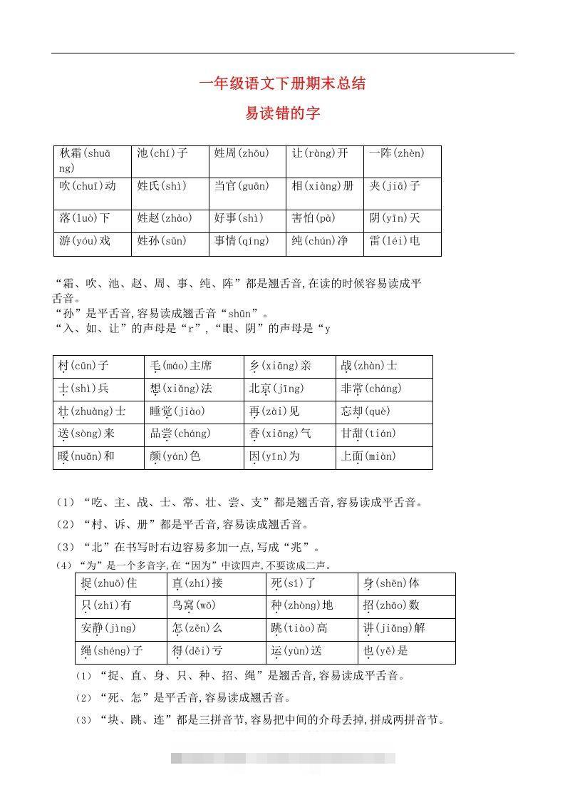 一年级语文下册期末总结—易读（写）错的字-小哥网