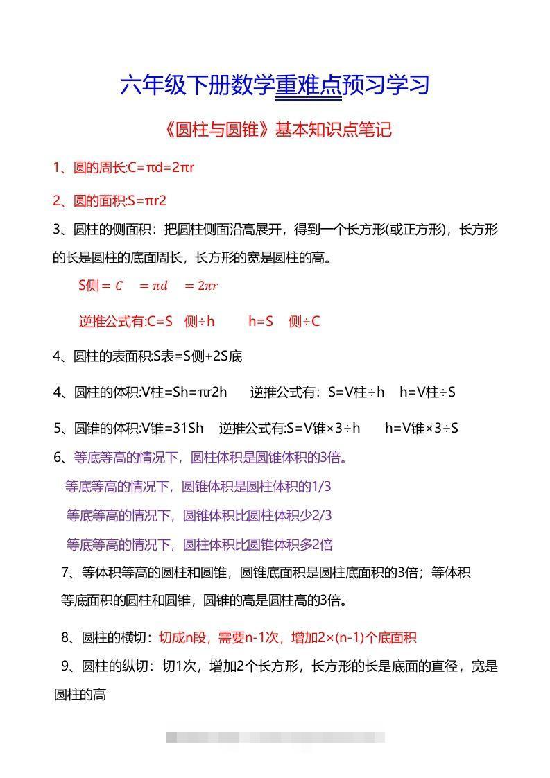 六年级下册数学重难点《圆柱与圆锥》-小哥网