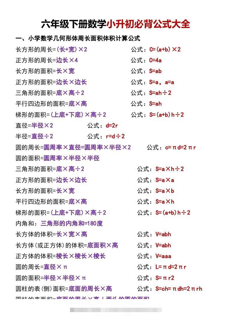 六年级下册数学小升初必背公式大全-小哥网