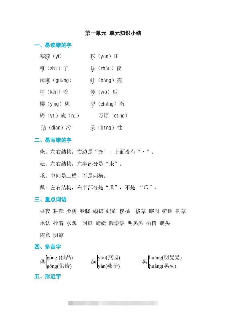 五年级语文下册第一单元单元知识小结（部编版）-资源V站