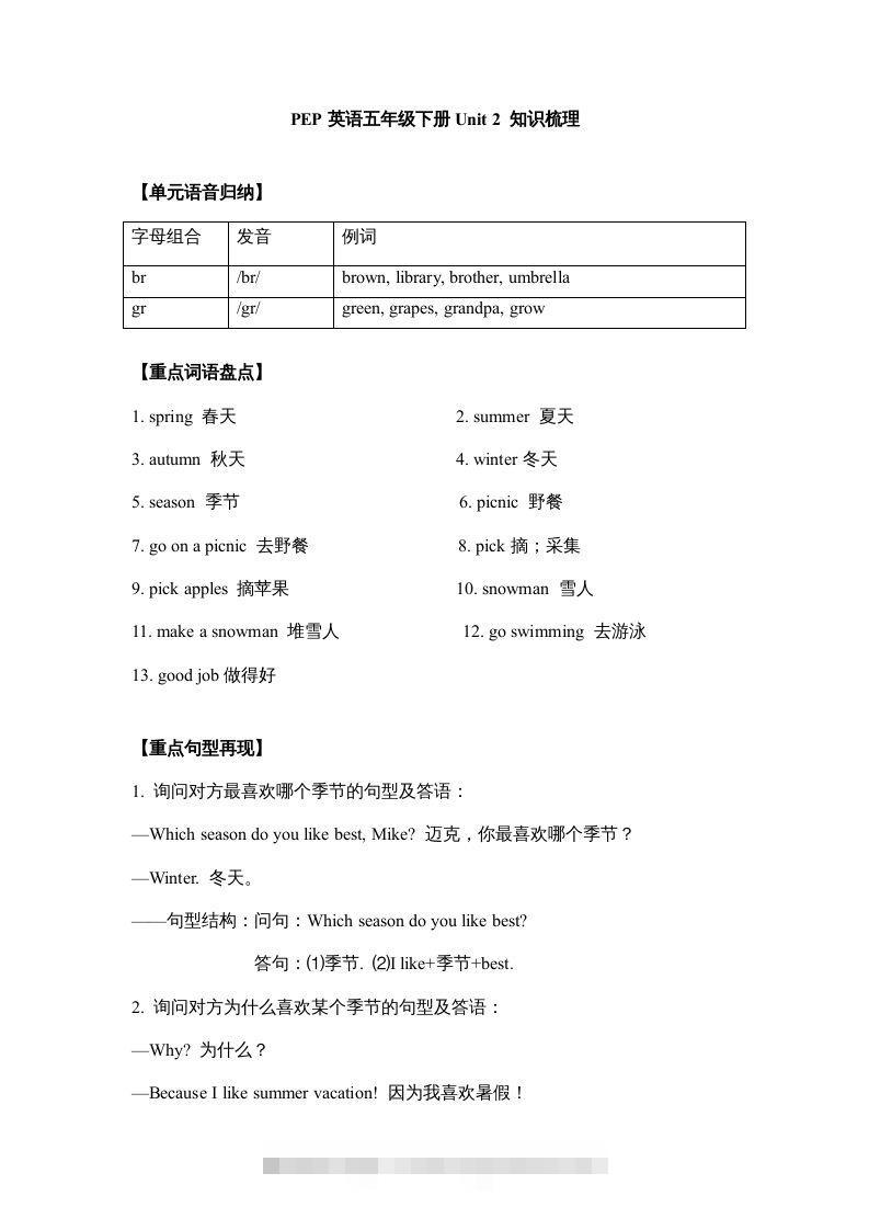 五年级英语下册【完美】单元知识梳理-Unit2Myfavouriteseason（人教PEP版）-小哥网