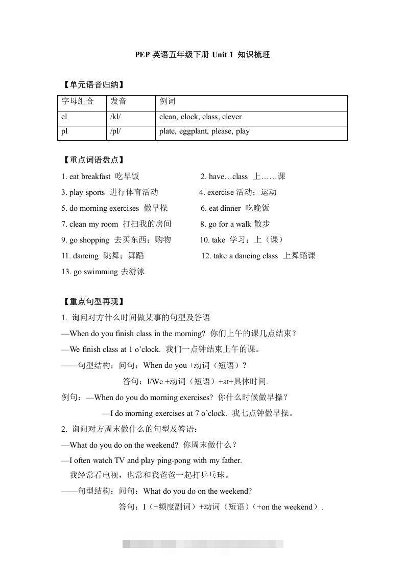 五年级英语下册单元知识梳理-Unit1Myday（人教PEP版）-小哥网