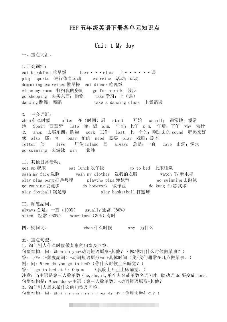 五年级英语下册五英下知识点21页（人教PEP版）-小哥网