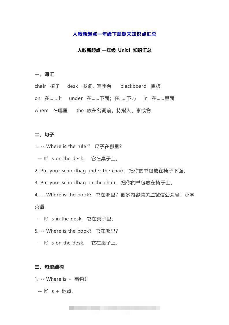 一年级英语下册期末知识点汇总8页-资源V站