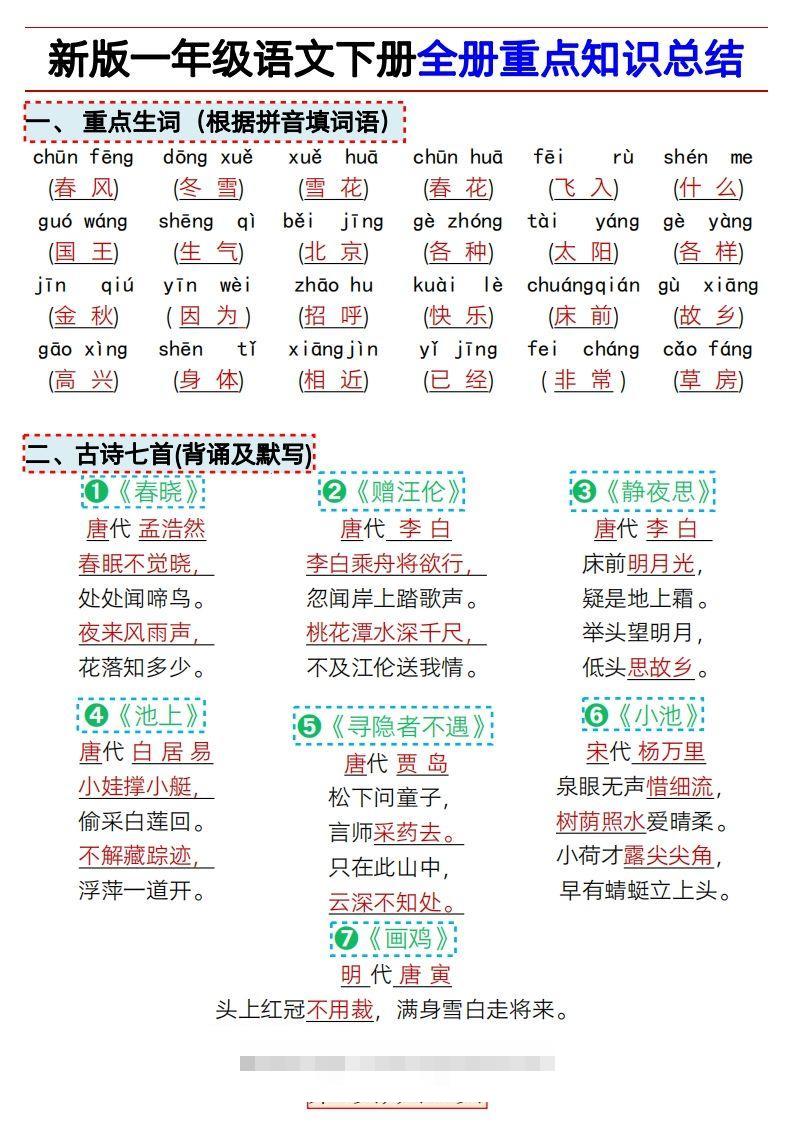 ★3.9新版一年级语文下册全册重点知识总结-小哥网