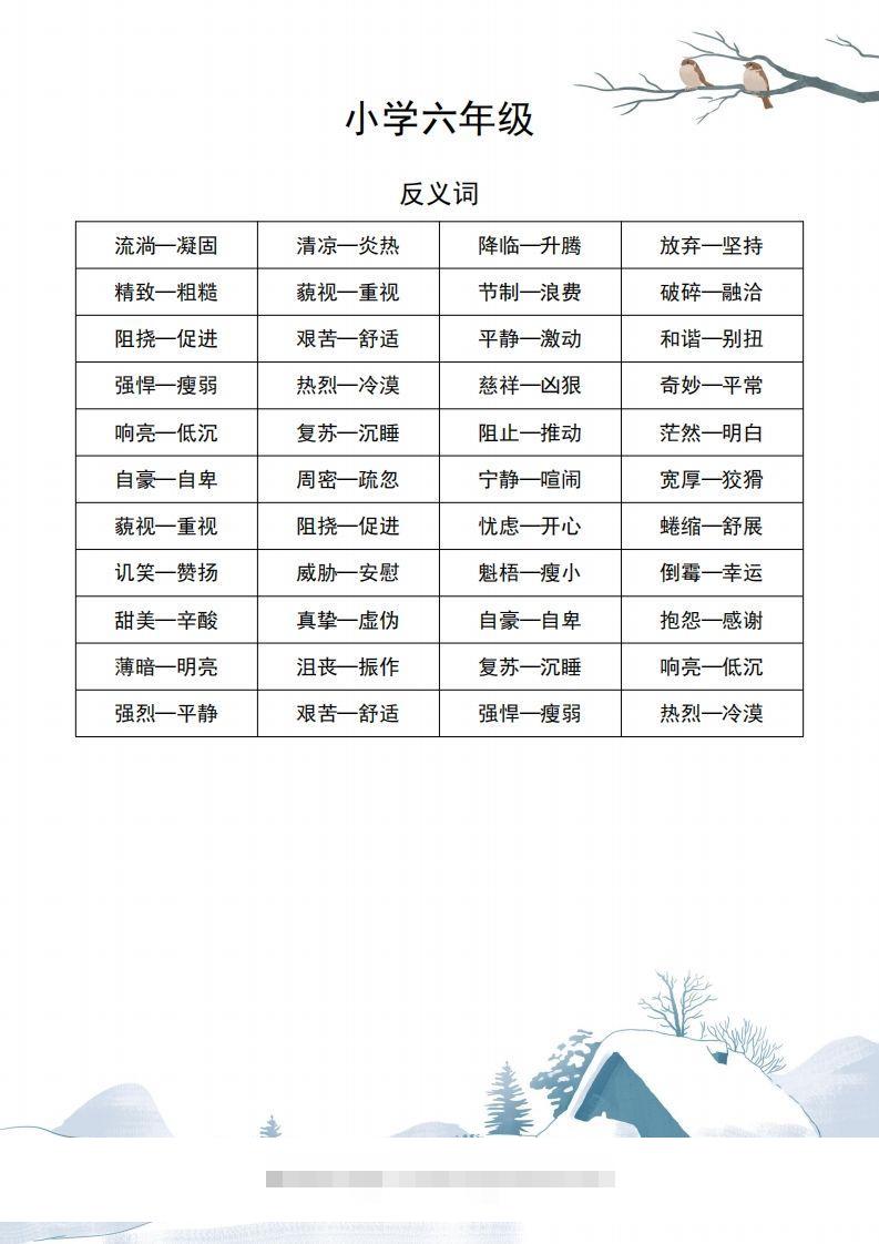 六年级语文近义词和反义词汇总-资源V站