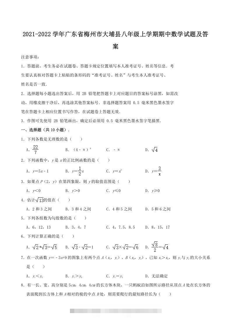 2021-2022学年广东省梅州市大埔县八年级上学期期中数学试题及答案(Word版)-资源V站