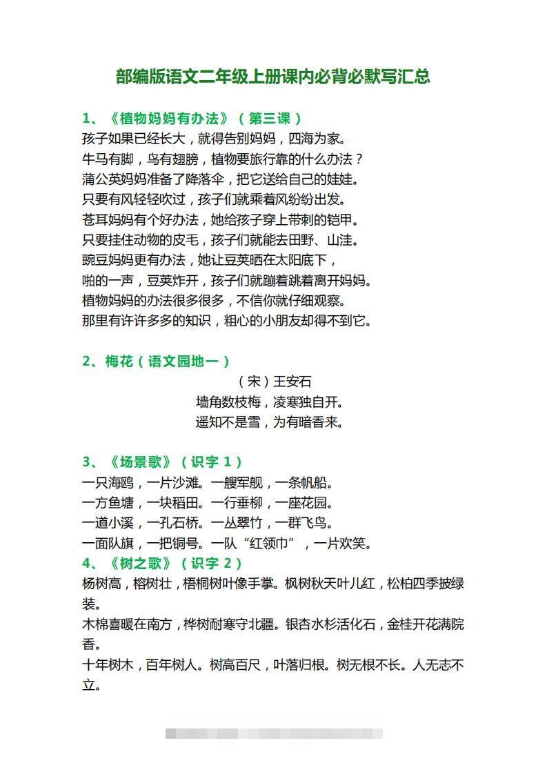 二上语文必背课文内容、古诗、日积月累-资源V站