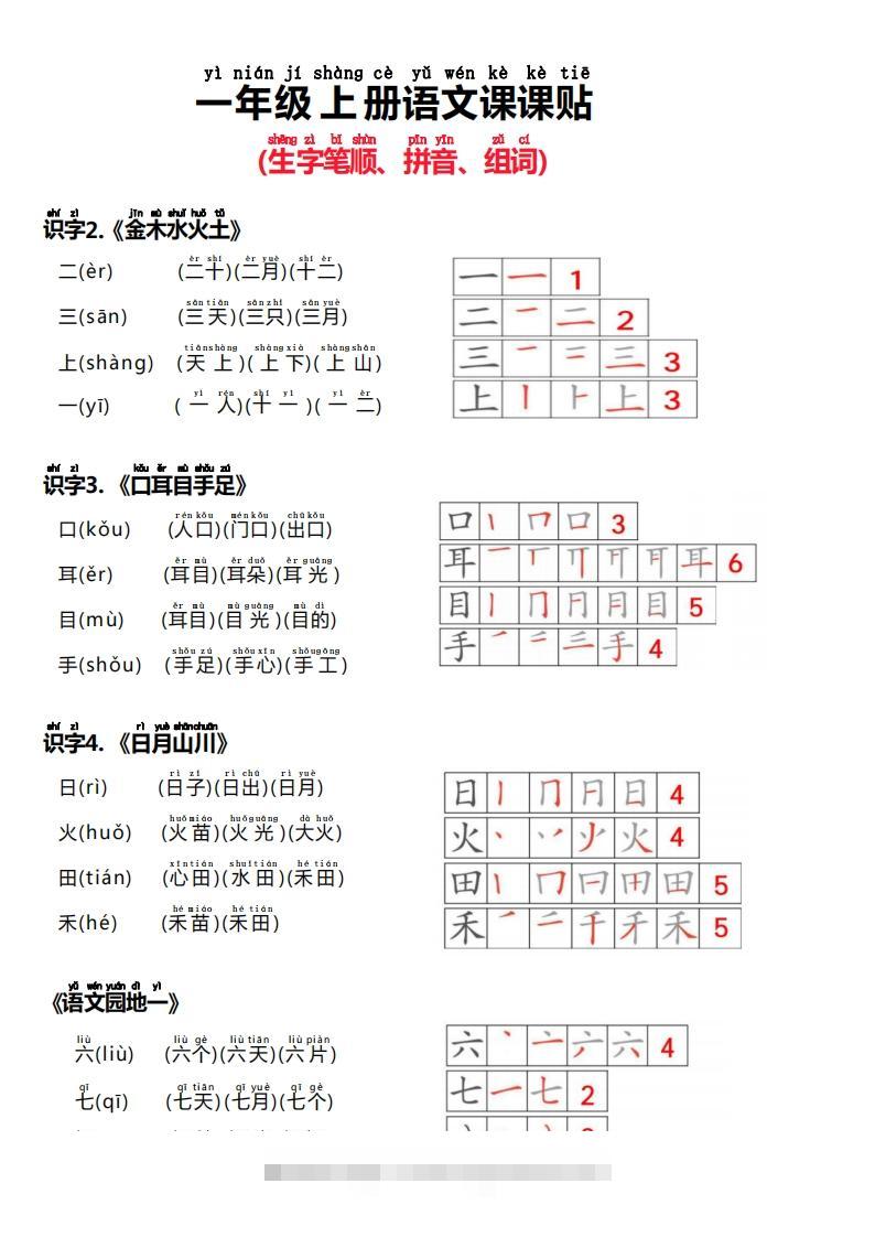 24秋新版一上语文课课贴（生字笔顺、拼音、组词）-资源V站