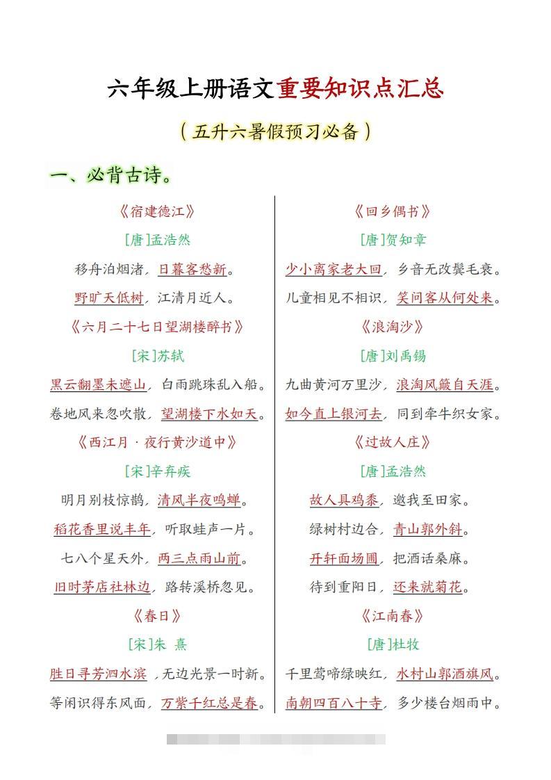 六上语文全册重点知识汇总-资源V站