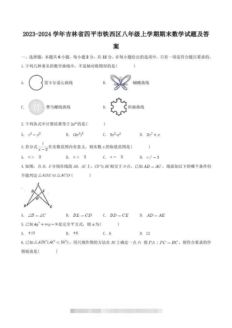 2023-2024学年吉林省四平市铁西区八年级上学期期末数学试题及答案(Word版)-资源V站