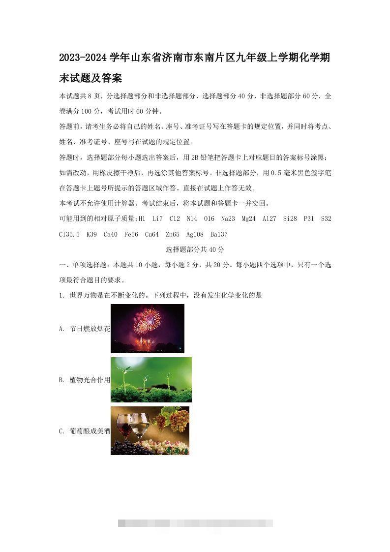 2023-2024学年山东省济南市东南片区九年级上学期化学期末试题及答案(Word版)-小哥网