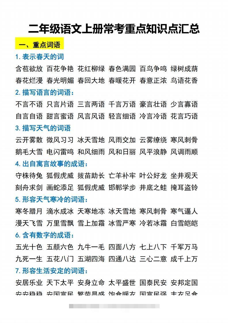 二（上）语文常考重点知识点汇总.期末复习-资源V站