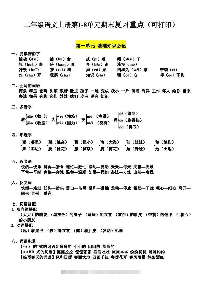 二（上）语文1-8单元期末复习重点-资源V站