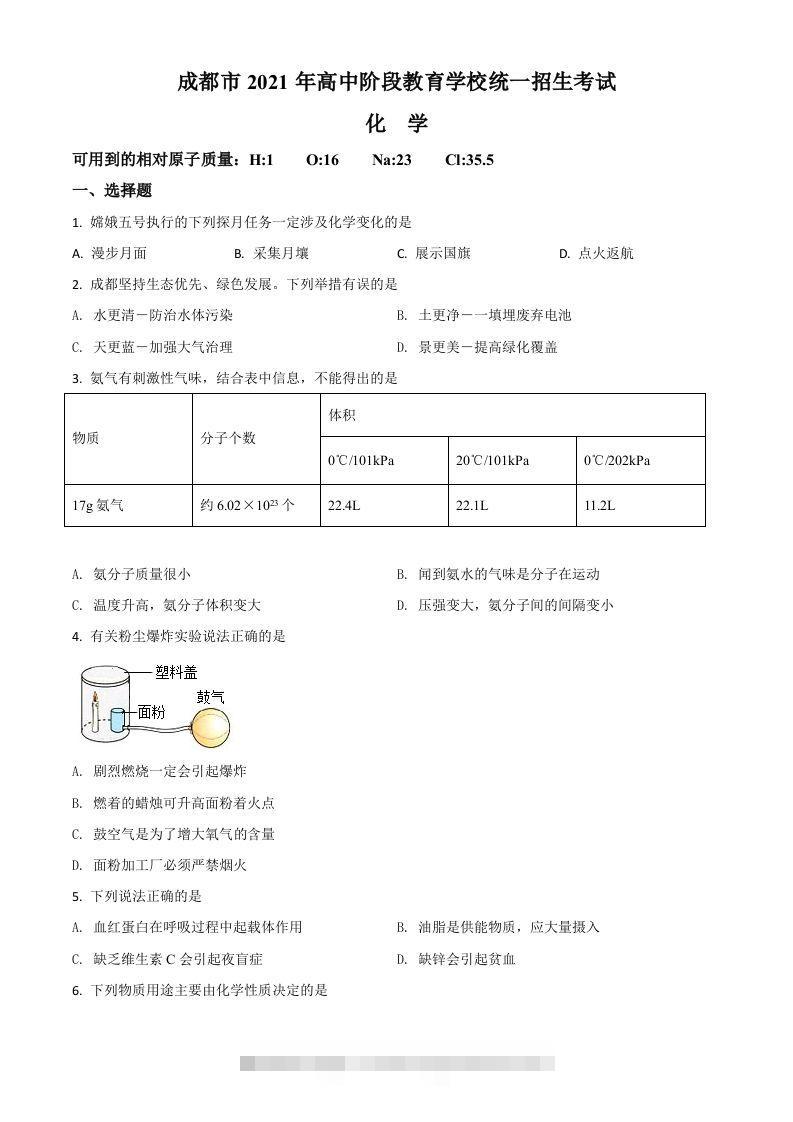 四川省成都市2021年中考化学试题（空白卷）-资源V站