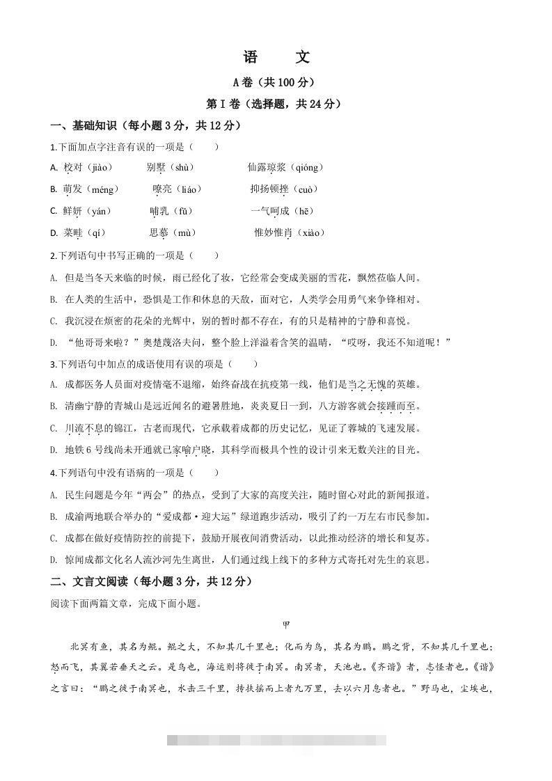 四川省成都市2020年中考语文试题（空白卷）-资源V站