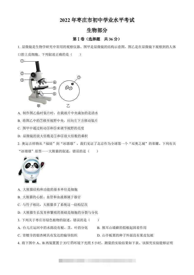 2022年山东省枣庄市中考生物真题（空白卷）-资源V站