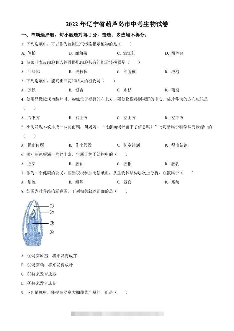 2022年辽宁省葫芦岛市中考生物真题（空白卷）-资源V站