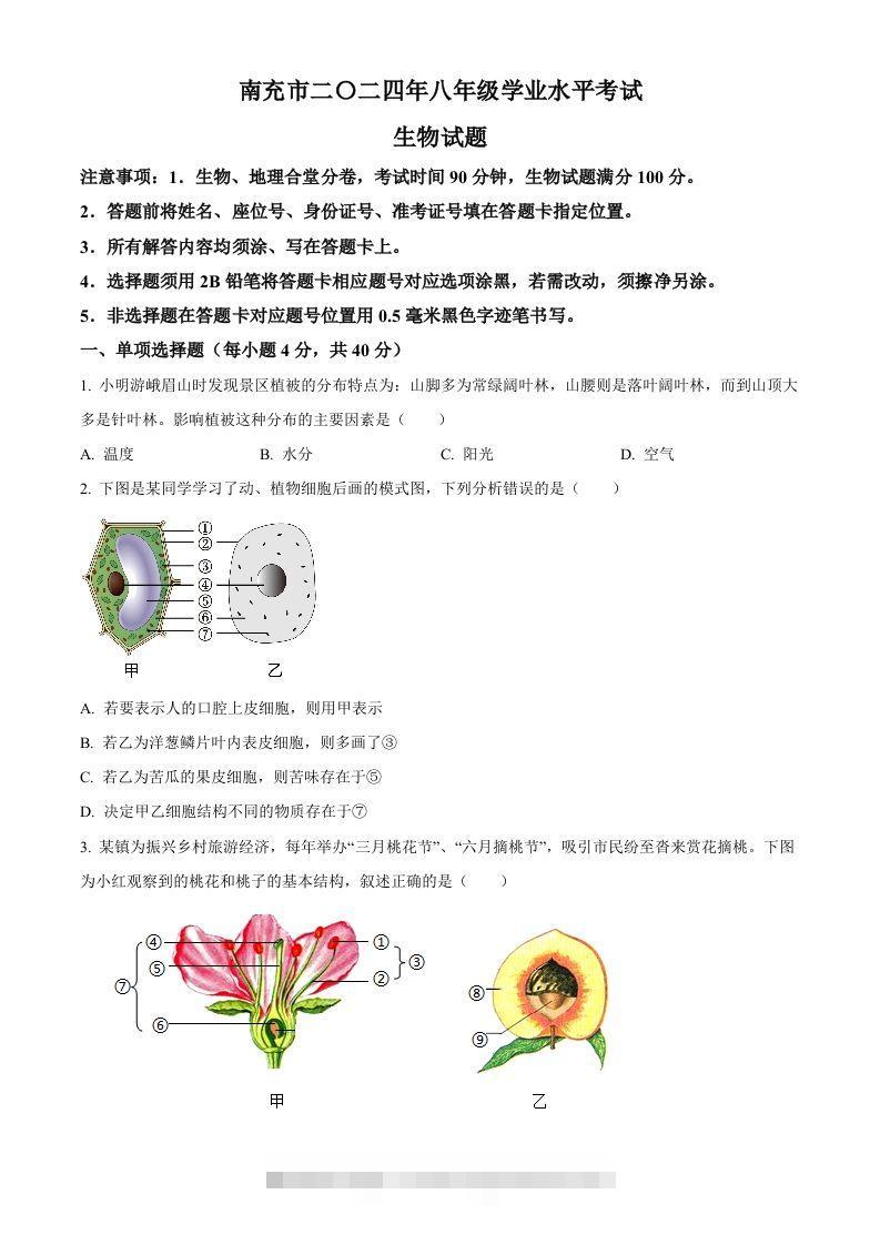 2024四川省南充市中考生物真题（空白卷）-资源V站