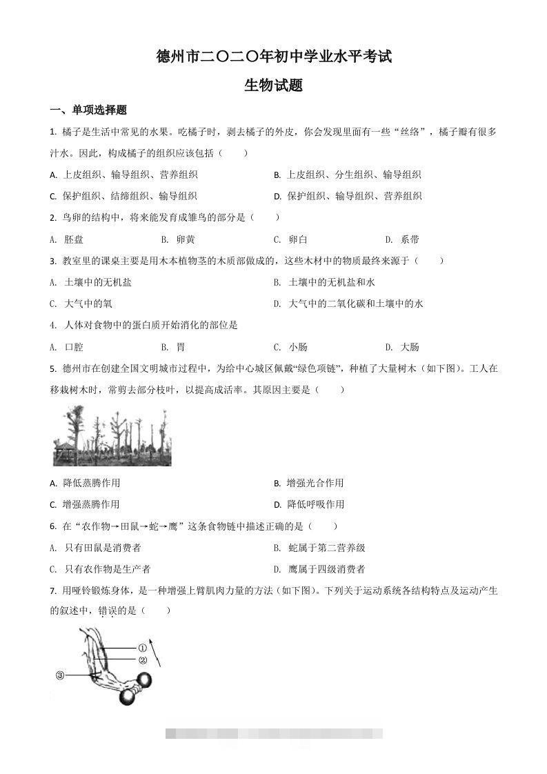 山东省德州市2020中考生物试题（空白卷）-资源V站