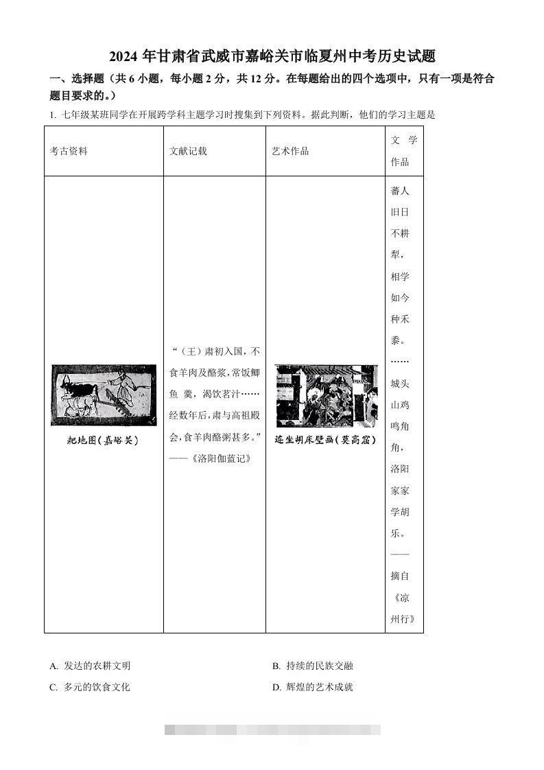 2024年甘肃省武威市嘉峪关市临夏州中考历史试题（含答案）-资源V站