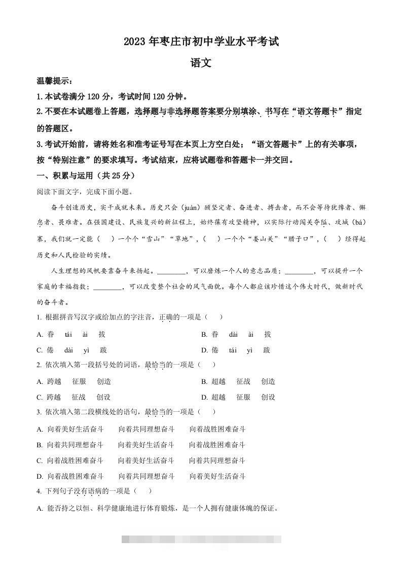 2023年山东省枣庄市中考语文真题（空白卷）-资源V站