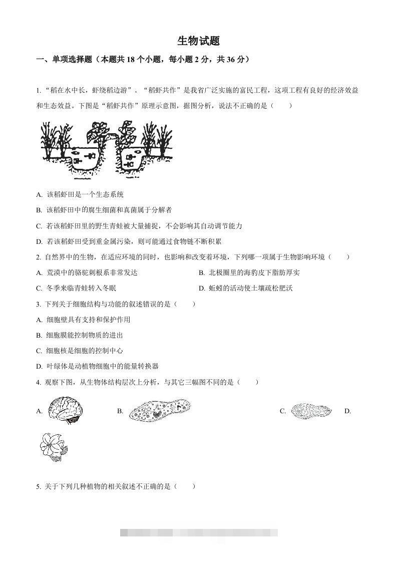 2023年湖北省十堰市生物中考真题（空白卷）-资源V站