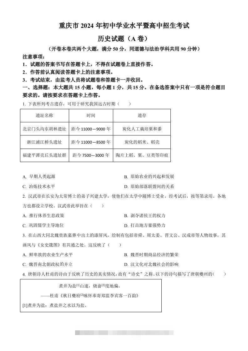 2024年重庆市中考历史真题（A卷）（空白卷）-资源V站