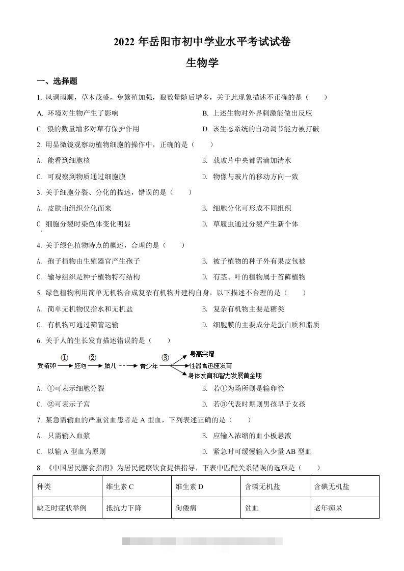 2022年湖南省岳阳市中考生物真题（空白卷）-资源V站