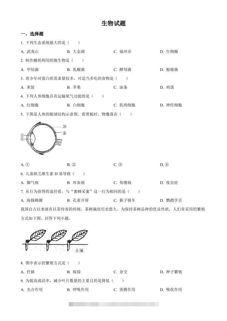 2023年福建省中考生物真题（空白卷）-资源V站