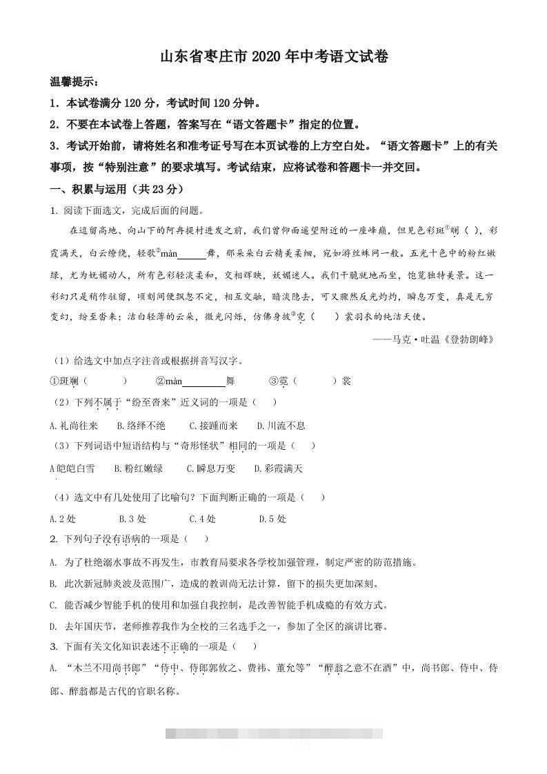 山东省枣庄市2020年中考语文试题（空白卷）-资源V站