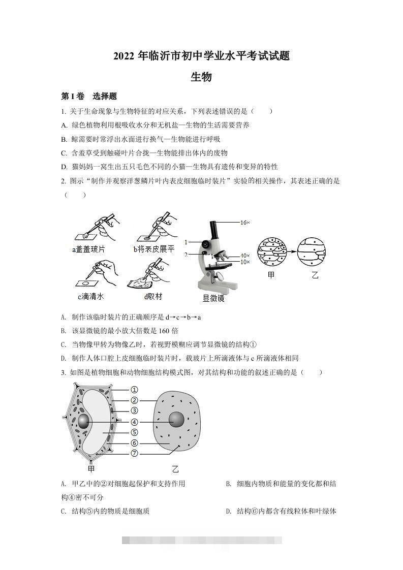 2022年山东省临沂市中考生物真题（空白卷）-资源V站