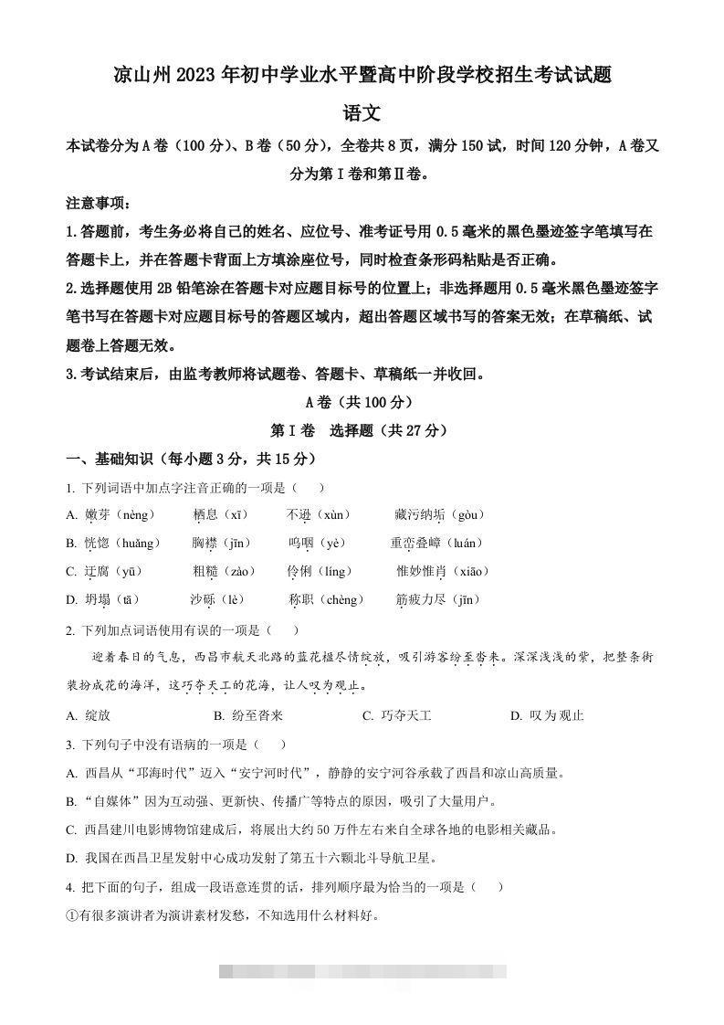 2023年四川省凉山彝族自治州中考语文真题（空白卷）-资源V站