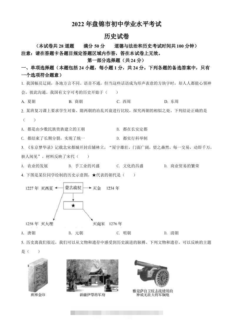 2022年辽宁省盘锦市中考历史真题（空白卷）-资源V站
