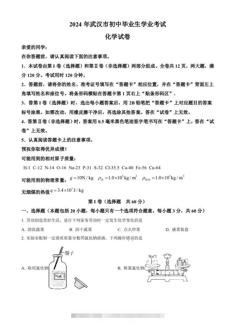 2024年湖北省武汉市中考化学真题（空白卷）-小哥网