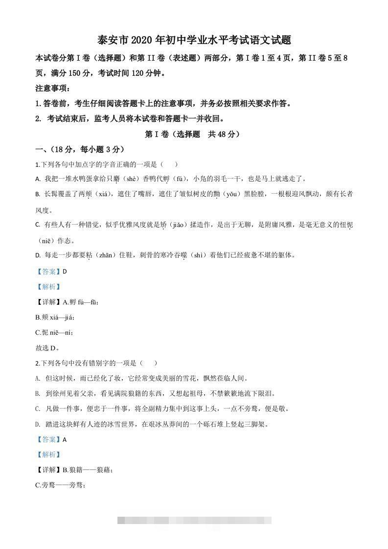 山东省泰安市2020年中考语文试题（含答案）-资源V站