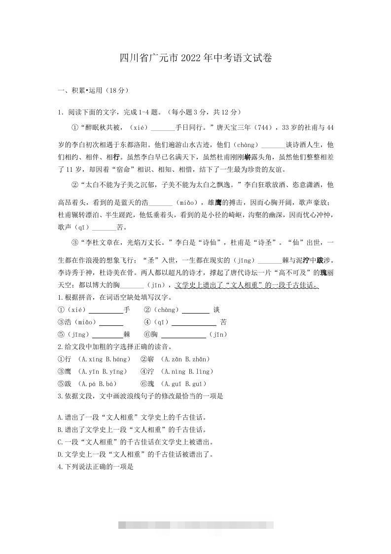 2022年四川省广元市中考语文试卷及答案-资源V站