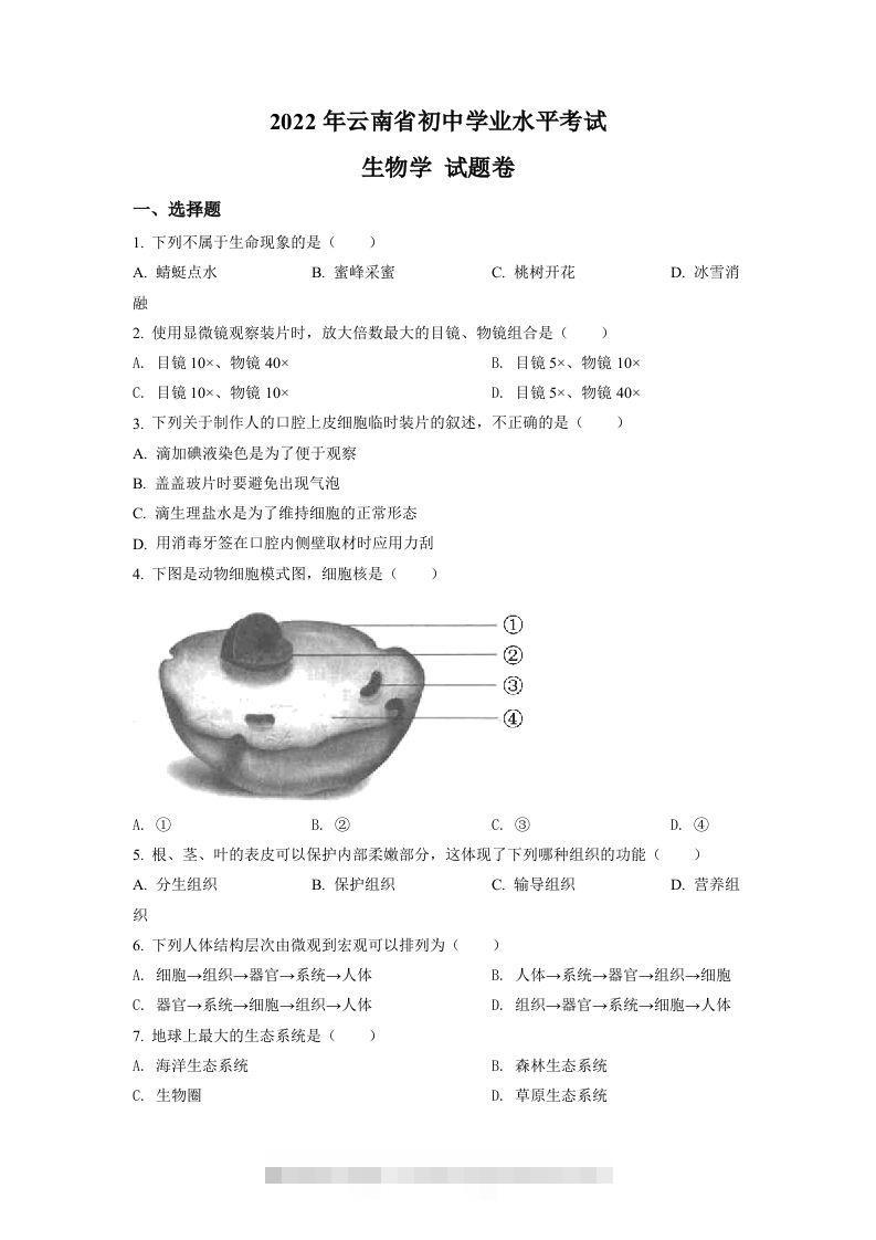 2022年云南省中考生物真题（空白卷）-小哥网