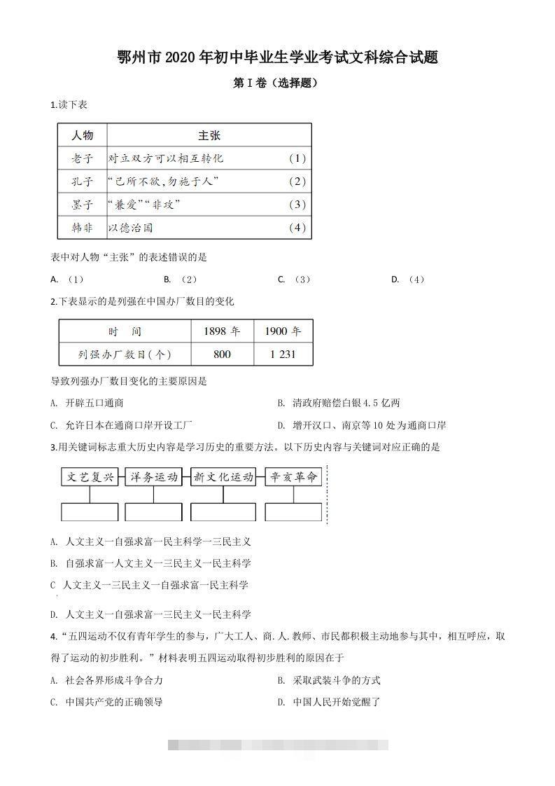湖北省鄂州市2020年中考历史试题（空白卷）-小哥网