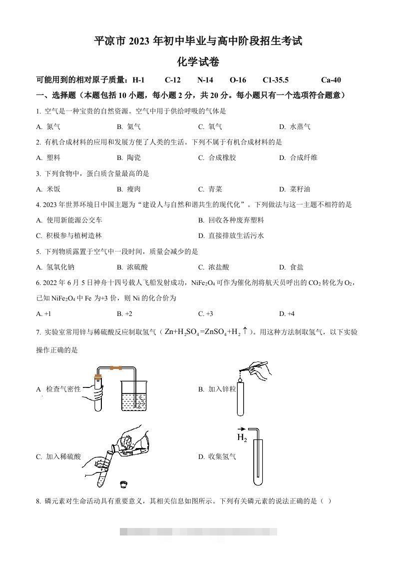 2023年甘肃省平凉市中考化学真题（空白卷）-资源V站