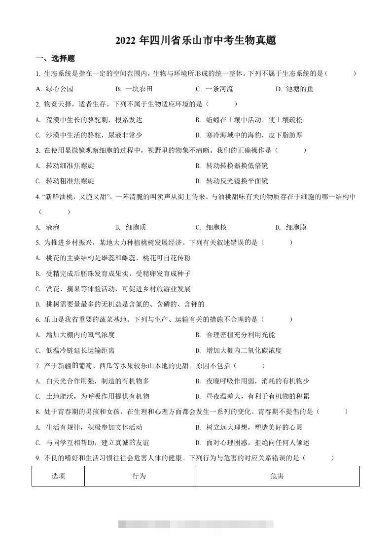 2022年四川省乐山市中考生物真题（空白卷）-资源V站