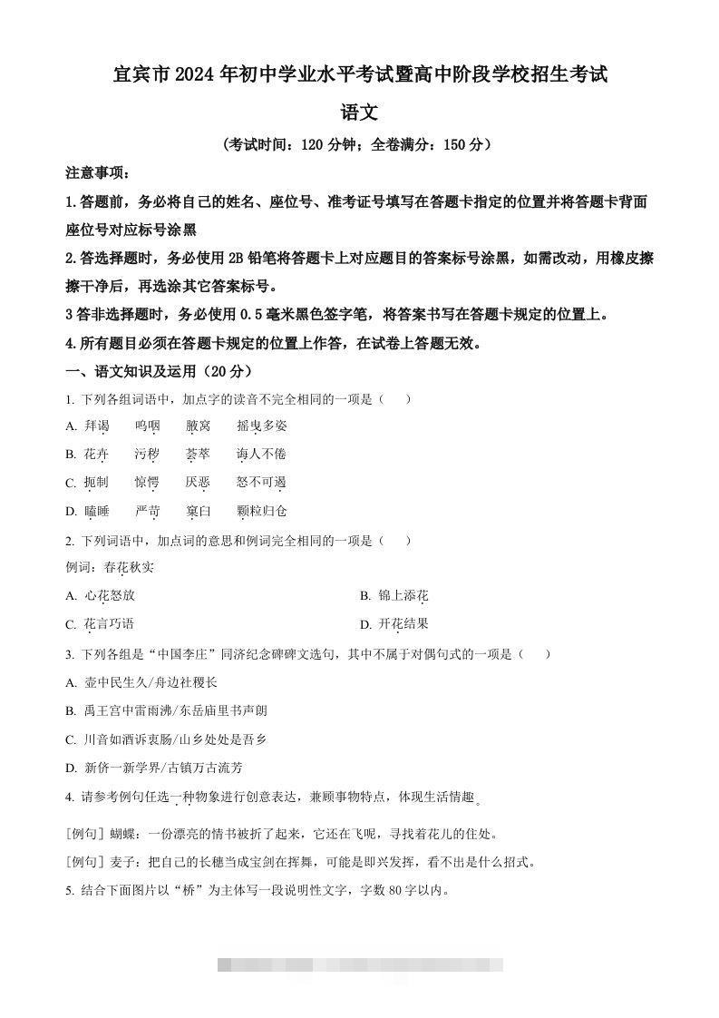 2024年四川省宜宾市中考语文真题（空白卷）-资源V站