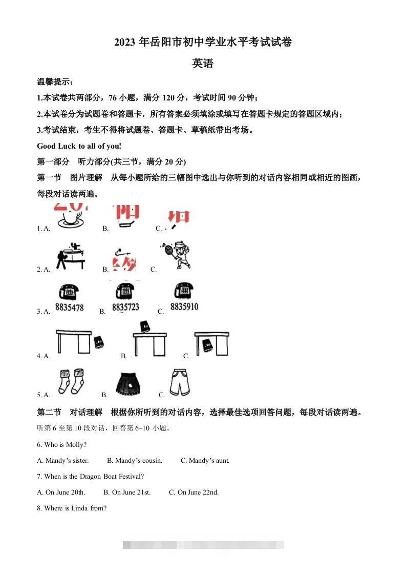 2023年湖南省岳阳市中考英语真题（含答案）-资源V站