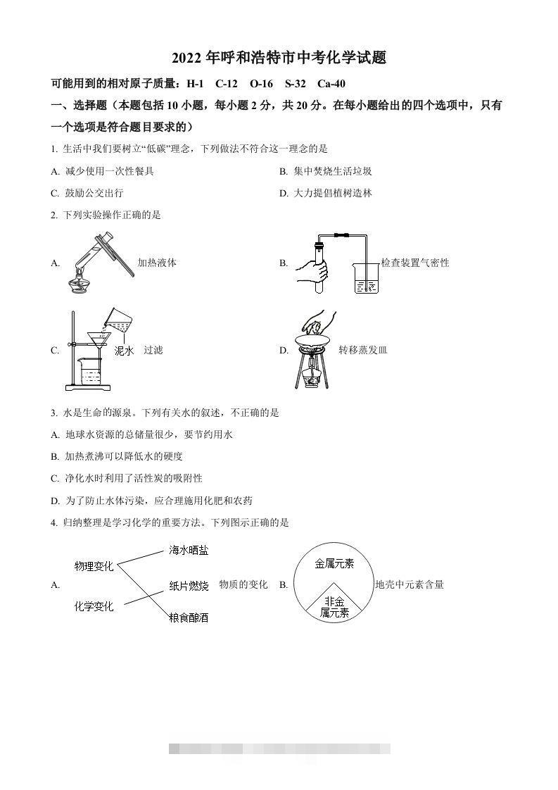 2022年内蒙古呼和浩特市中考化学真题（空白卷）-资源V站
